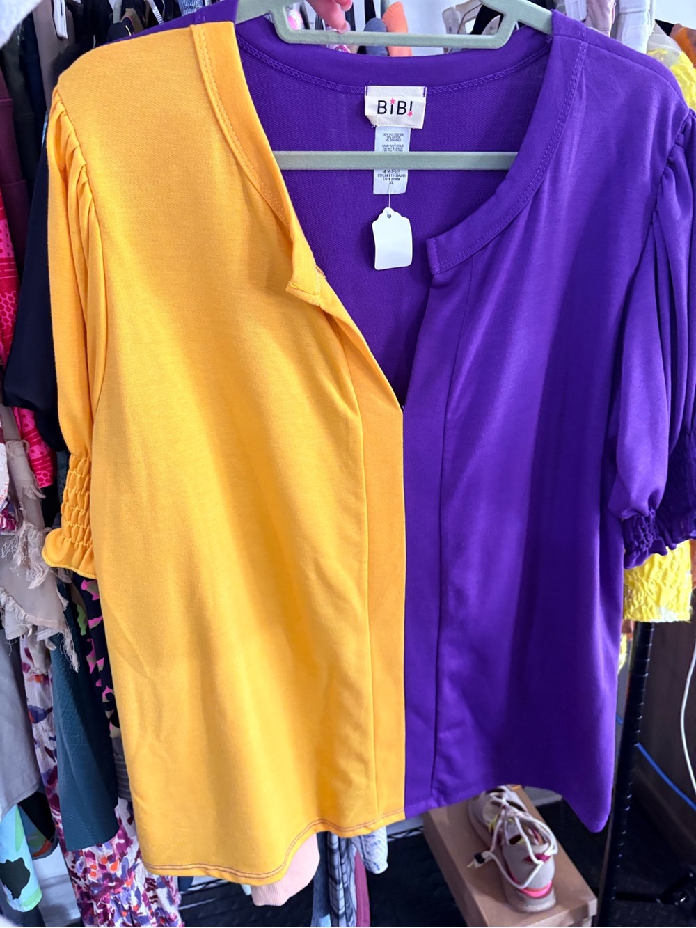 BiBi Two-Tone Purple and Gold Short Sleeve Top